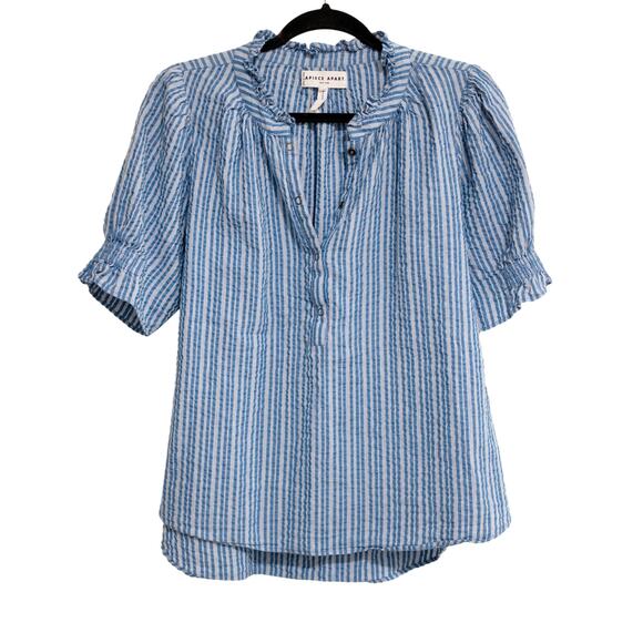 Apiece Apart Los Altos Top Blue Seersucker Stripe Puff Sleeve Henley SZ M - Picture 2 of 7